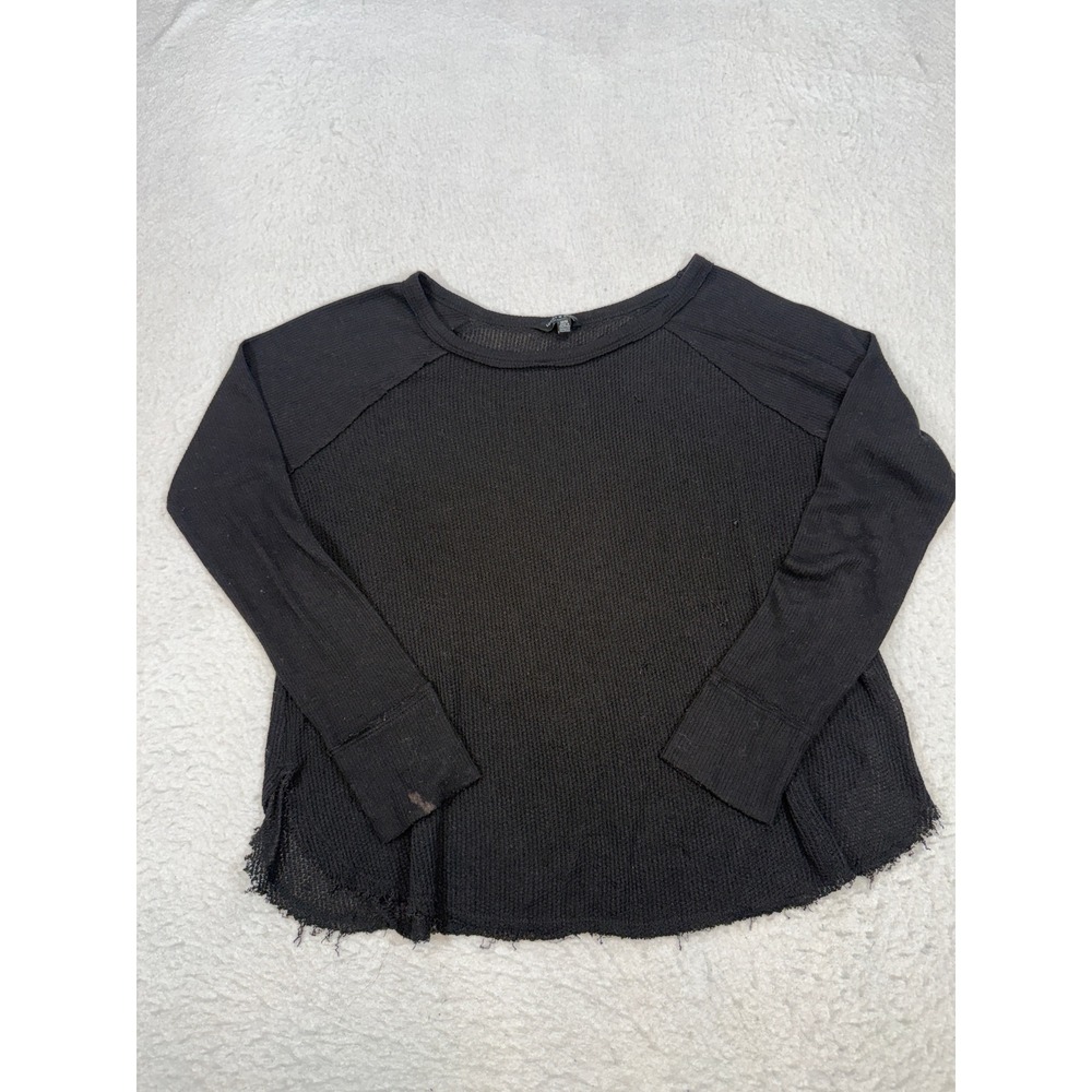 Lucky Brand Womens Black Waffle Knit Thermal Top Raw Hem Raglan Sleeve Medium